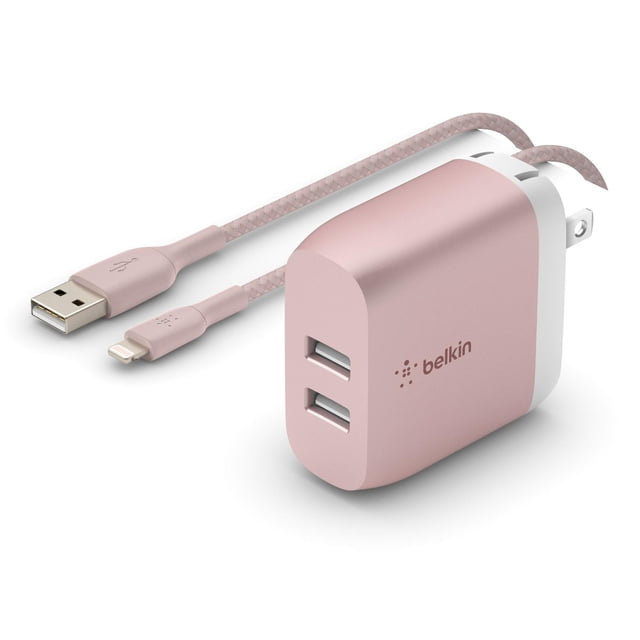 Cargador De Pared 2 Puertos USB A con cable Lightnig Belkin rosa