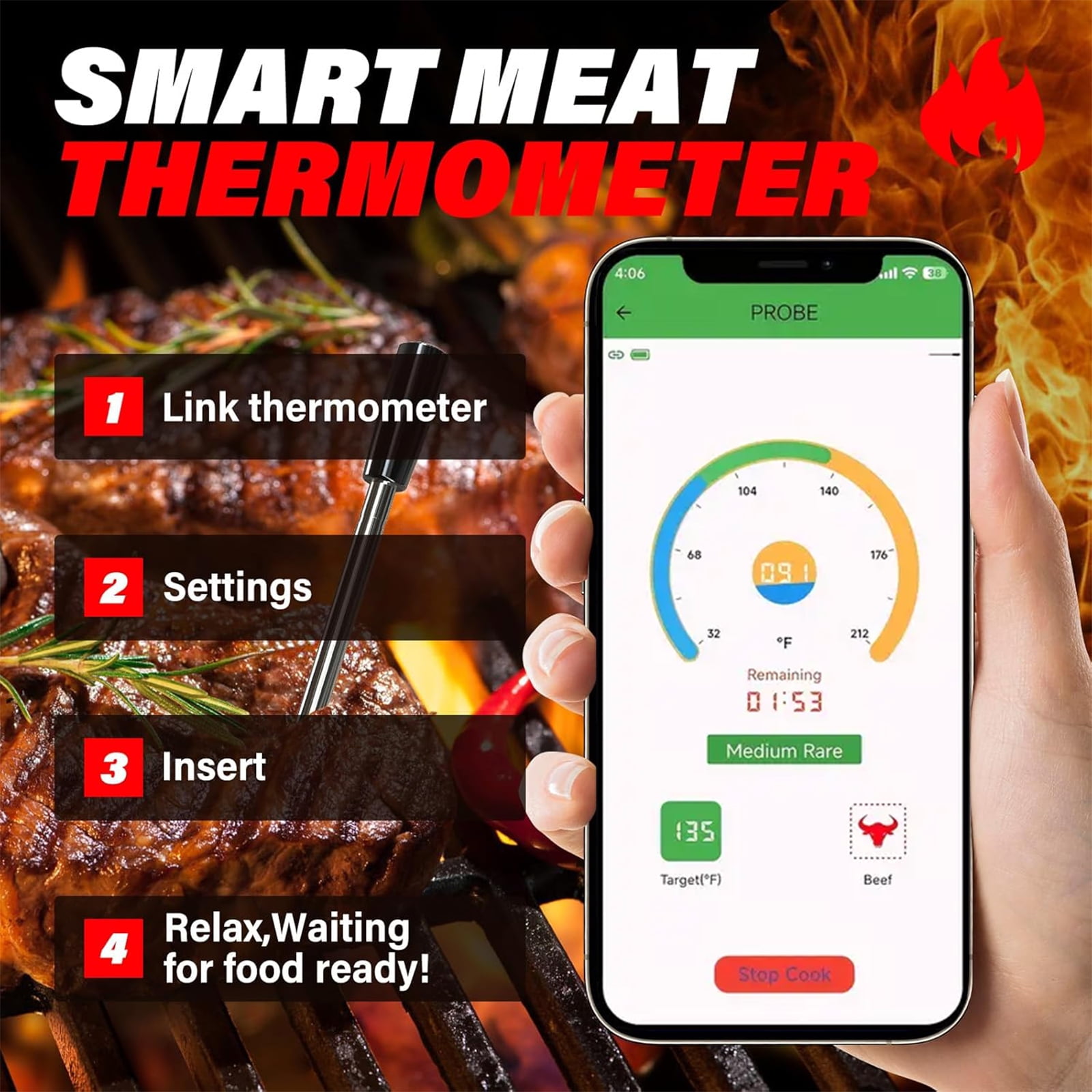 BYXAS Real-Time Alerts Wireless Meat Thermometer - Smart Bluetooth Probe for BBQ, Grill, Oven, Smoker - Long Range Bluetooth, Accuracy Temp, Dishwasher Clean, Waterproof - Perfect for BBQ Lovers