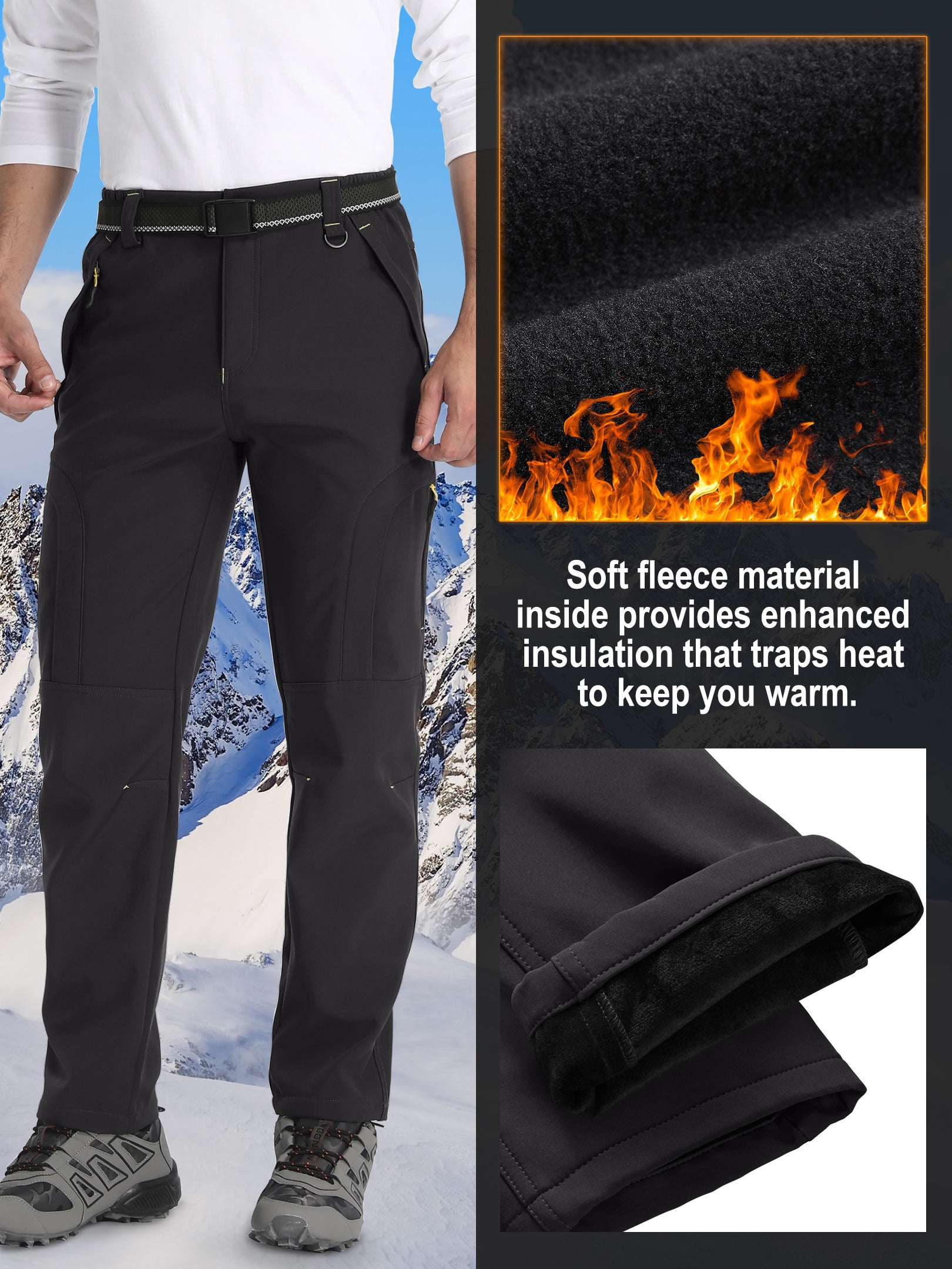 POENTAB Men's Hiking Snow Pants Winter Fleece Lined Insulated Softshell Waterproof Ski Hunting Pant Black 36