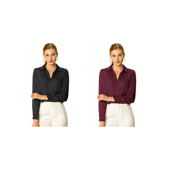 NOMADIC NOOK Women's Office Elegant V Neck Blouse Long Sleeve Work Shirt 2 Packs X-Small Wine Red/Black