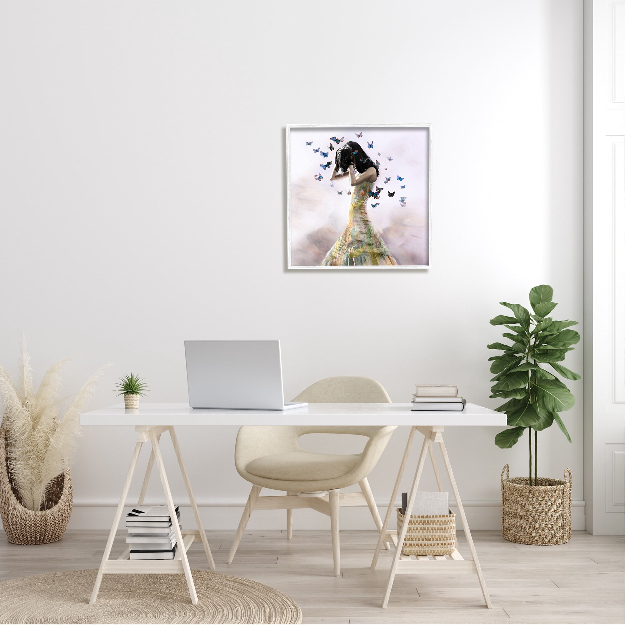 Stupell Industries Ethereal Woman Yellow Gown Flying Blue Butterflies Framed Wall Art, 24 x 24, Design by Christopher Cuseo