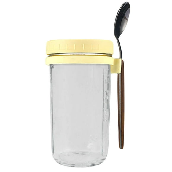 yulier Overnight Oats Containers with Lid and Spoon Clearance, 600ML Large Capacity Airtight Glass Oatmeal Container with Measurement Marks, Reusable Yogurt Salad Cereal Meal Prep Jar, Yellow