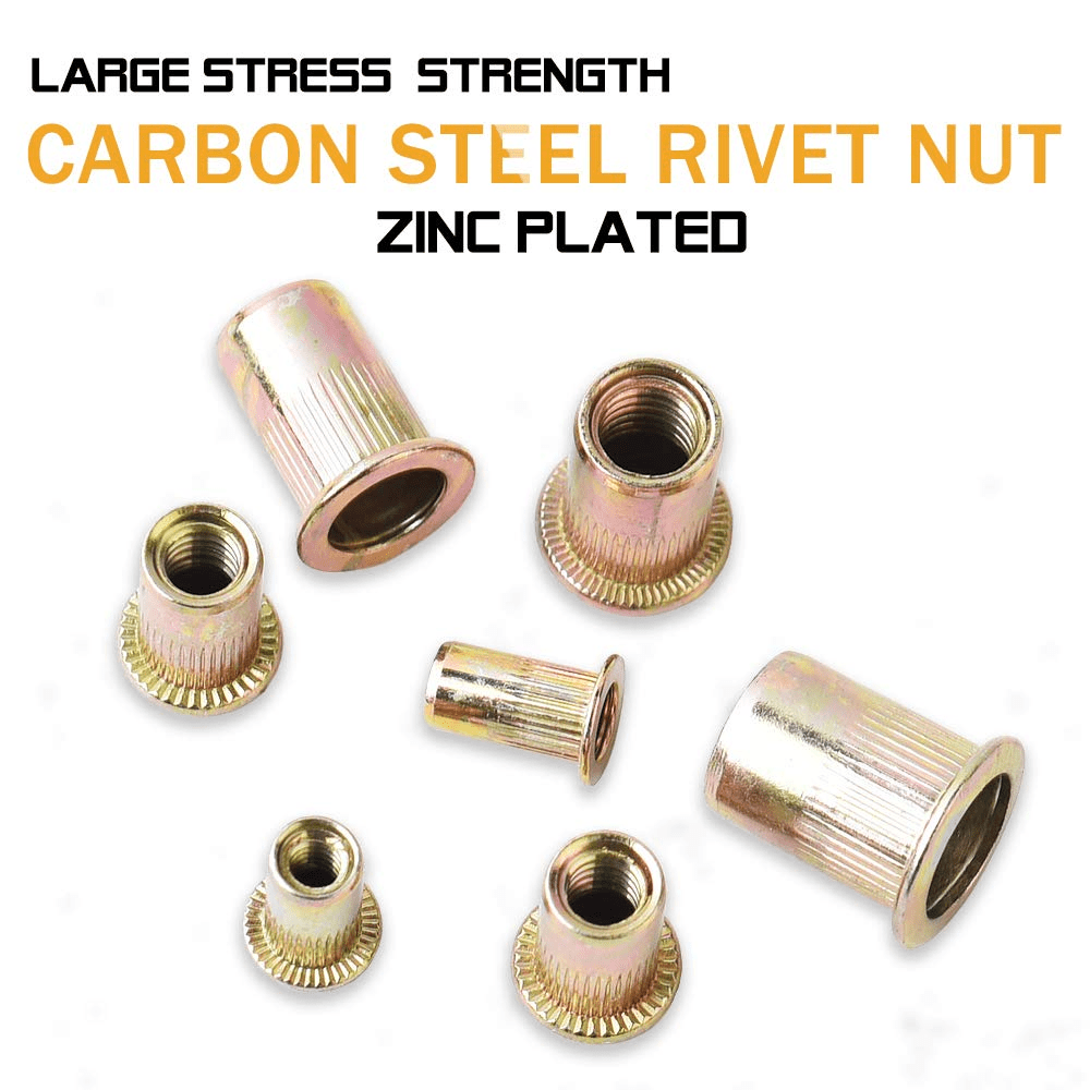 1/4-20 Zinc Plated Steel Rivet Flange Head Nut Flat Head Threaded Rivnut 