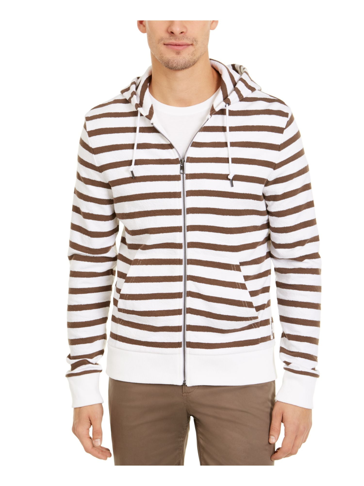 MICHAEL KORS Mens White Striped Long Sleeve Classic Fit Full Zip Cotton  Hooded Jacket M 