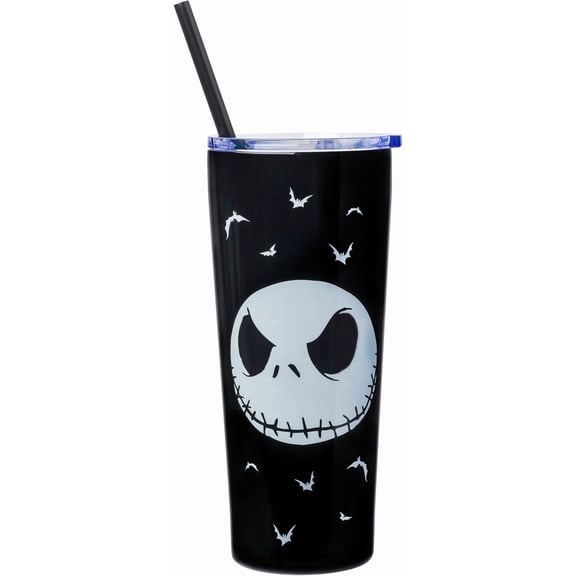 Silver Buffalo Disney Tim Burton's Nightmare Before Christmas Jack Skellington “Seriously Spooky” Double Walled Stainless Steel Tumbler With Straw, 22 Ounces