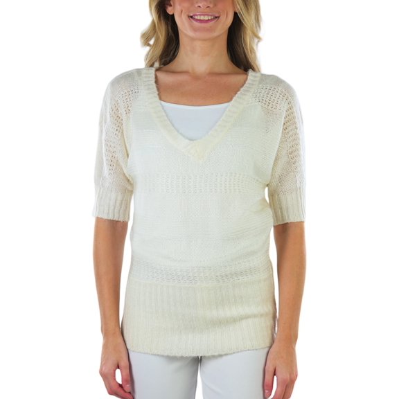 ToBeInStyle Women's Textured Mid-Sleeve V-Neck Cable Knit Sweater - White - S