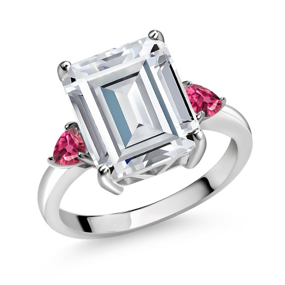 Gem Stone King 925 Sterling Silver Pink Tourmaline Ring Set with Moissanite (7.70 Cttw) (Size 5)