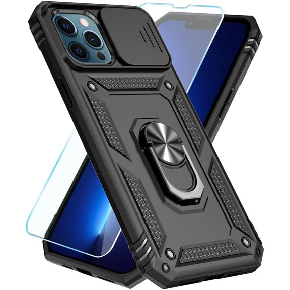 Compatible with iPhone 13 Pro Max Case with HD Screen Protector & Slide Camera Cover & Rotated Ring Kickstand, [Military-Grade] Phone Case for iPhone 13 Pro Max (Black)