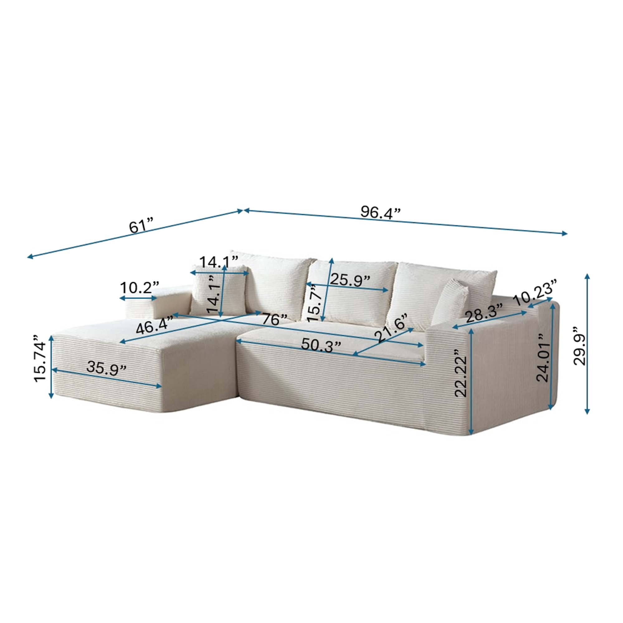 Miniyam 96" x 61" Convertible Corduroy L-Shaped Sofa with Chaise, 3-Seater Modular Sectional Compressed Couch with Pillows for Living Room, Beige (Right Facing)