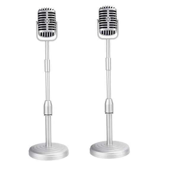 2X Desktop Microphone Prop Model with Adjustable Height, Classic Retro Style Microphone Stand Mic Prop,Silver