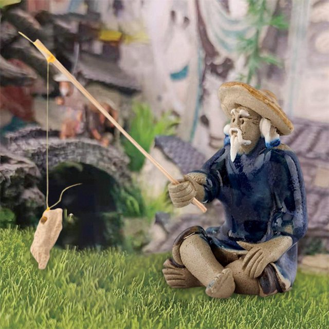 Estatuilla de pescador en miniatura Escultura de cerámica de estilo chino para paisaje Cola Figurilla en miniatura