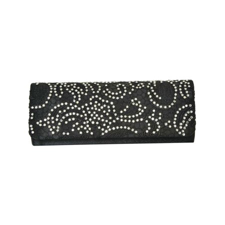 Black Lace and Satin Evening Clutch Clear Rhinestone Detail and Removable Strap