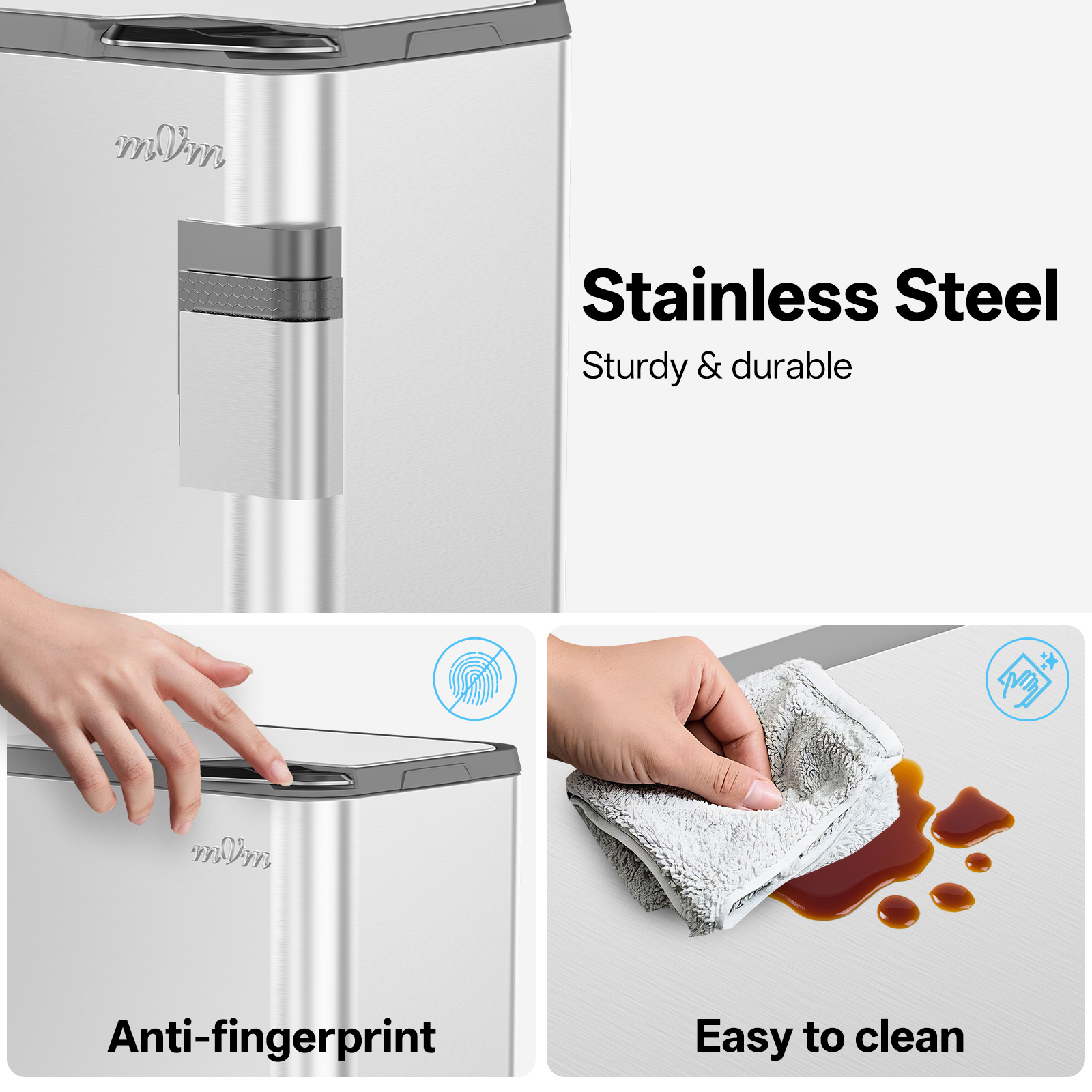 mVm 16 Gal Stainless Steel Trash Can Kitchen, Dual Compartment (8.5Gal+7.5Gal), Heavy Duty Garbage Can for Home Office Yard (Tin)