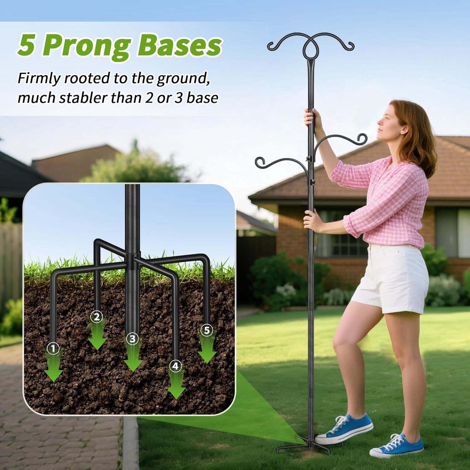 KOLAKO Bird Feeders Hanging Station, 193cm Bird Feeder Pole, Heavy Duty Bird Feeding Station, Garden Shepherds Crook Hooks for Outdoors Lanterns Light, Black
