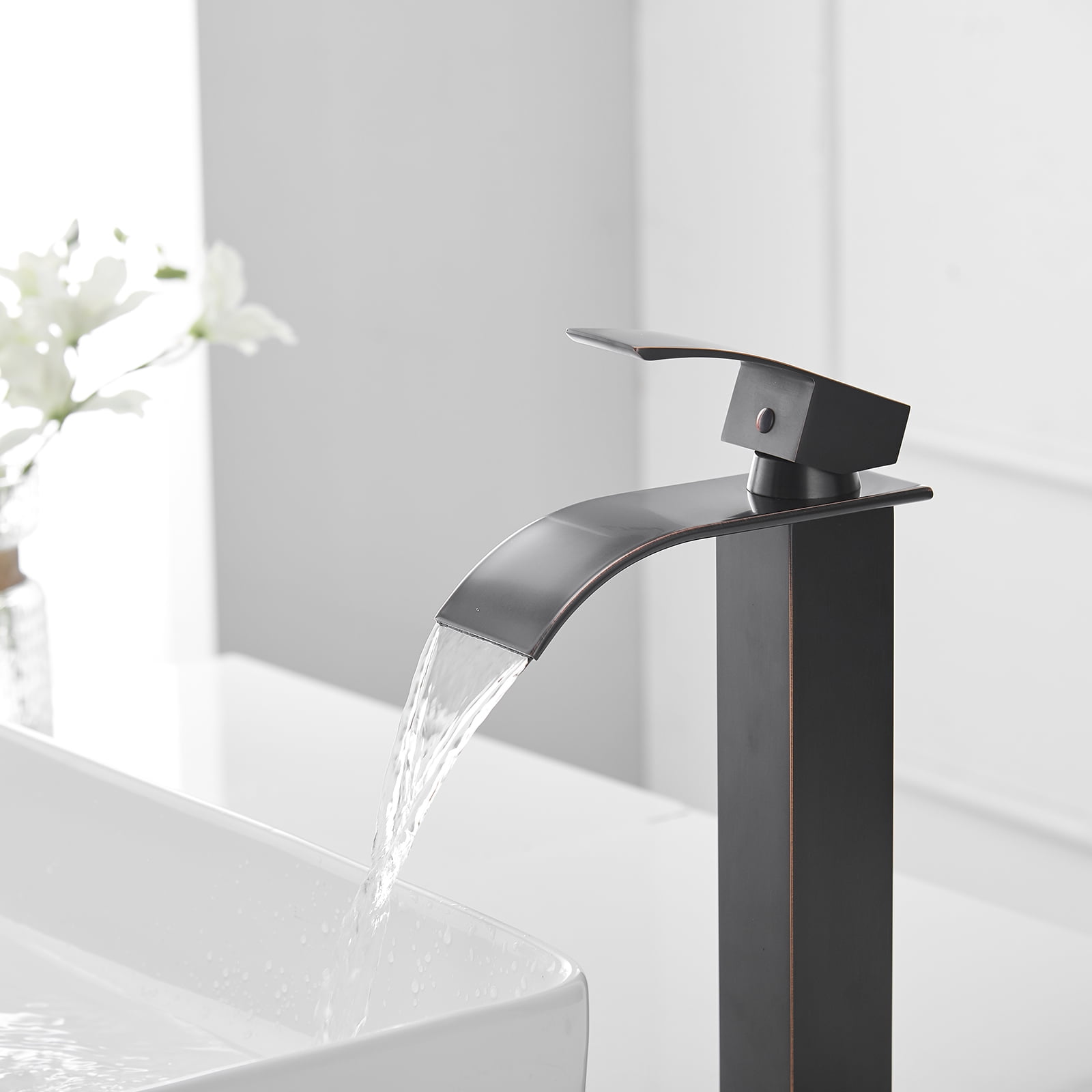 BWE Vessel Sink Faucet Modern Waterfall Oil Rubbed Bronze Single Hole Bathroom Faucet Single Handle with Pop up Drain Without Overflow Assembly Vanity Basin Bath Sink Faucets Mixer Tap