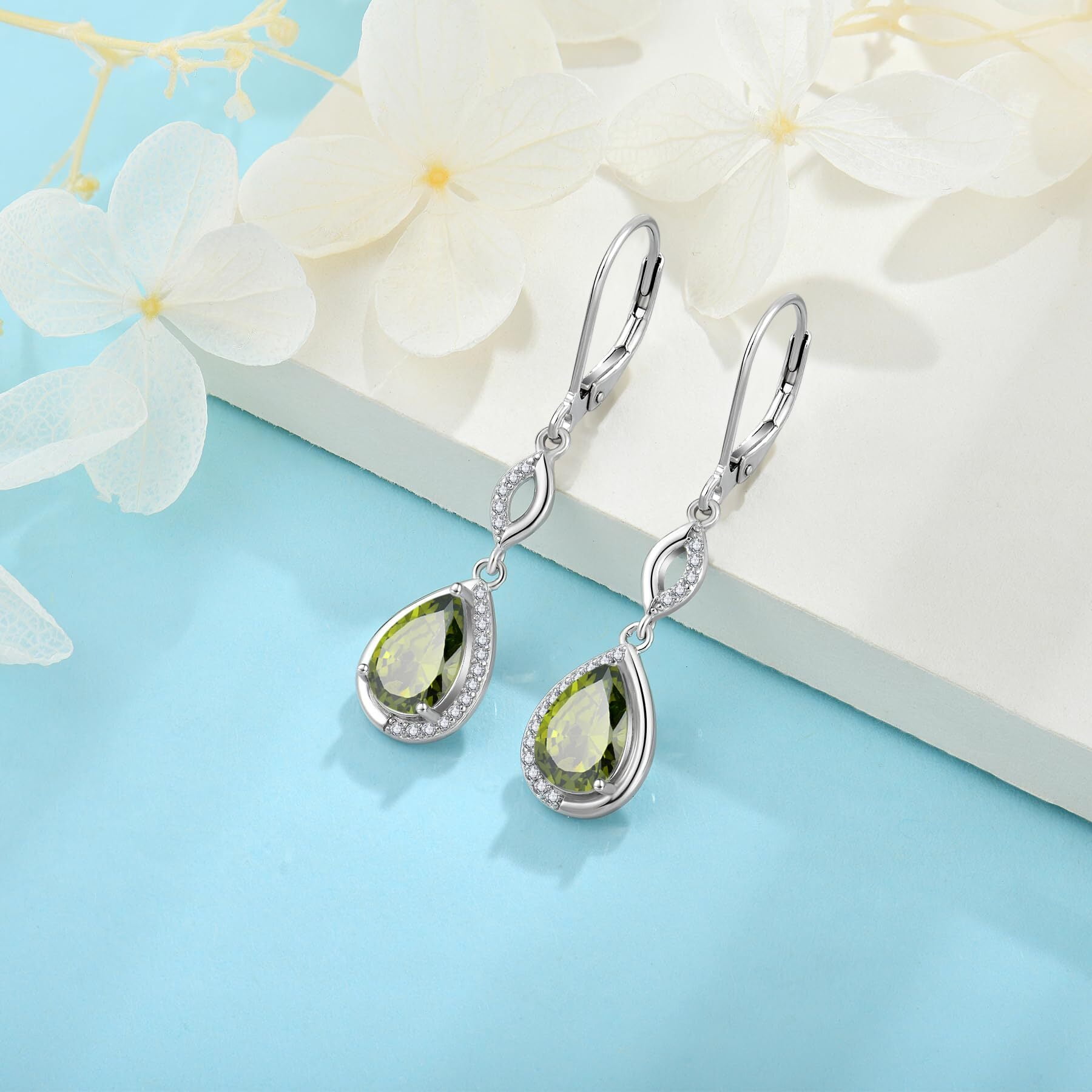 Inpasne Teardrop Dangle Drop Earrings for Women 925 Sterling Silver Leverback Peridot Earrings August Birthstone Jewelry Gifts for Mom Her Wife Girlfriend