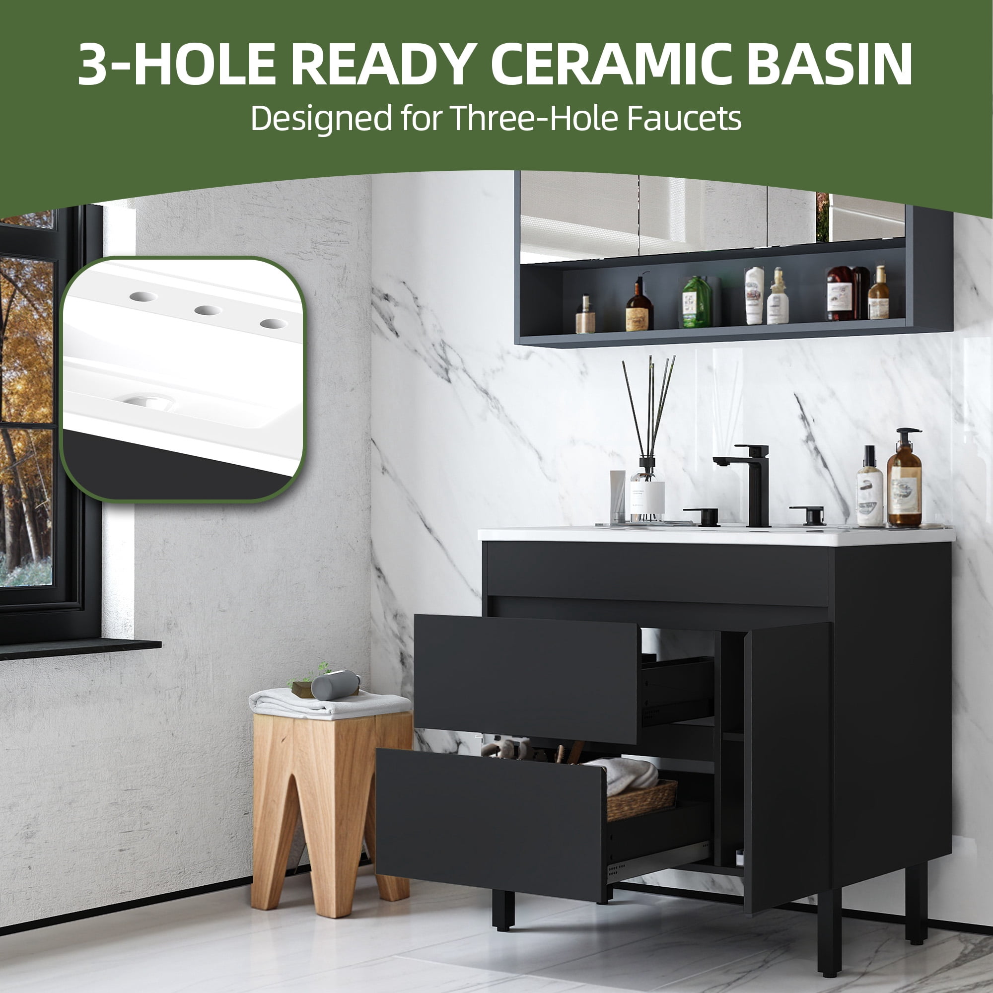 Uforic 37" Bathroom Vanity with Top Sink, Modern Free Standing Bathroom Storage Cabinet with Soft Close Door, Black