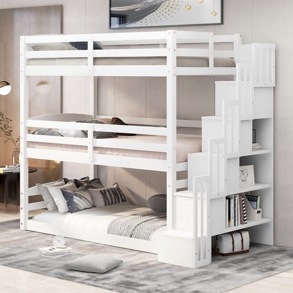 Triple Bed with Stairs,Wooden Twin Over Twin Over Twin Bunk Beds with Storage Shelf, Can Bed Separated Into 2 Beds, Triple Bunk Beds with Play Space Underneath for 2-3 Sleepers, White