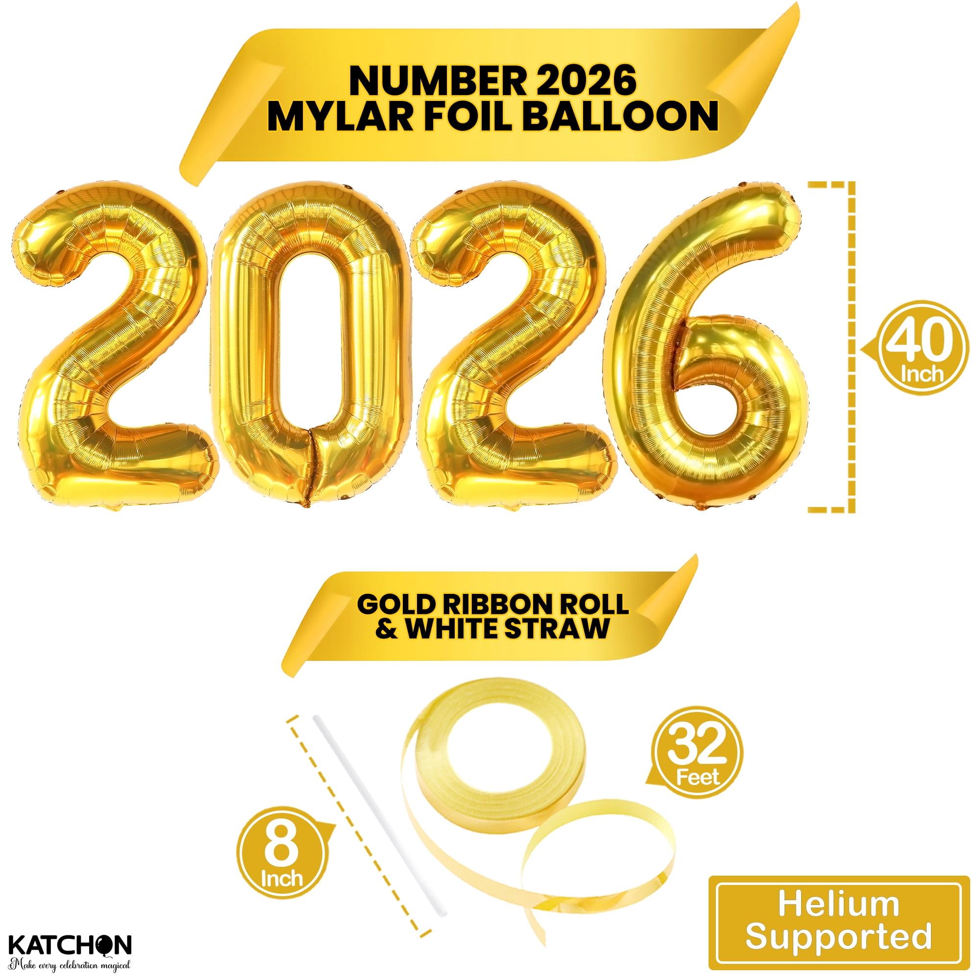 KatchOn, XtraLarge Gold 2026 Balloons, 40 Inch - Happy New Year Balloons Gold | New Years Eve Party Supplies 2026 Balloons Gold | New Years Decorations 2026 | NYE Balloons, New Years 2026 Balloons