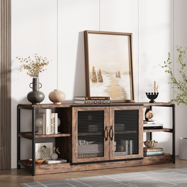 Industrial Farmhouse TV Stand for Large 65+ Inch TVs - Media Console with Mesh Doors & Ample Storage