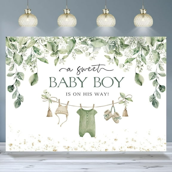 Baby Shower Backdrop for Boys Greenery A Sweet Baby Boy is On The Way Photography Background Newborn Kids Boy Green Leaves Baby Shower Party Decorations Banner Supplies Photo Booth Props 7x5ft