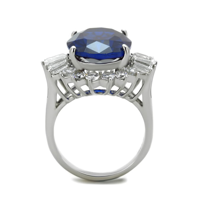 The Bling Factory Stainless Steel IP Gold Plated London Blue Spinel Cubic Zirconia Cocktail Ring