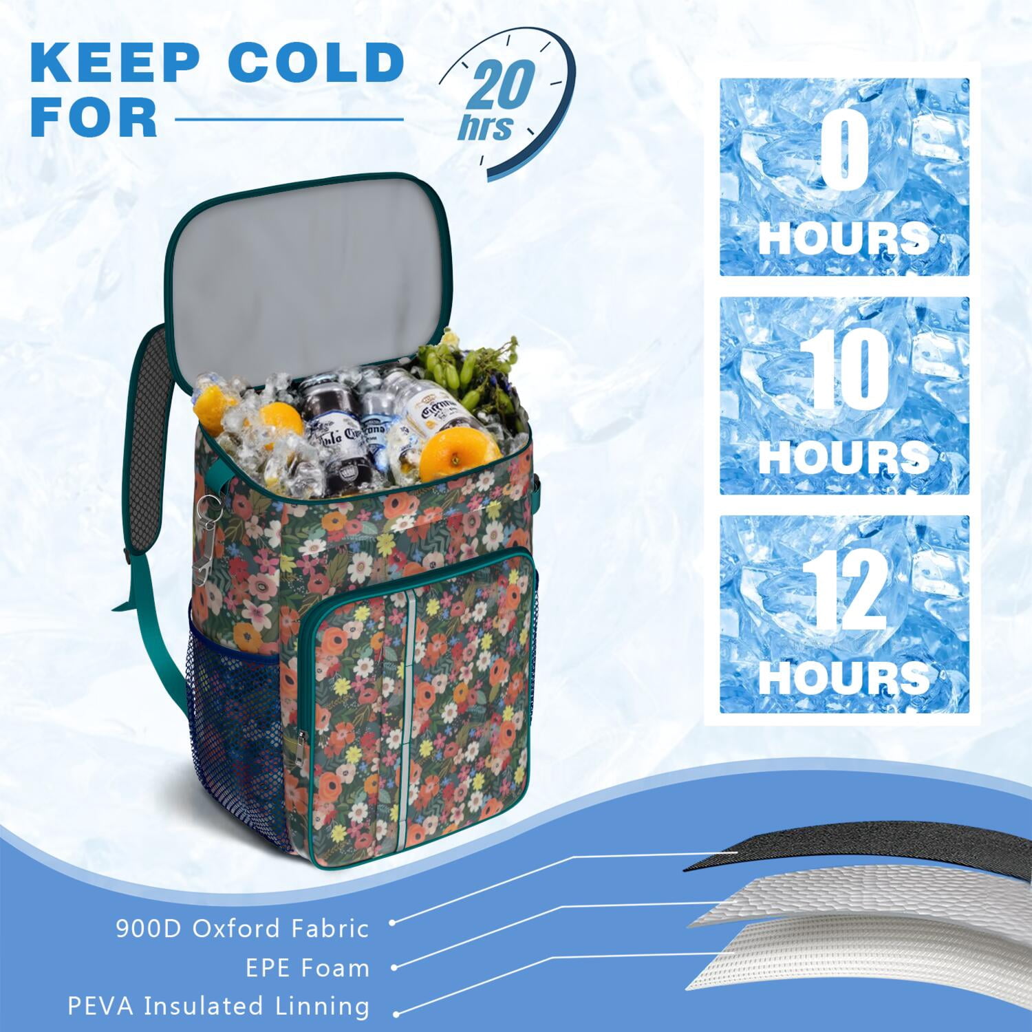 Travel Cooler Bag - Pioneer Flower Floral Print Pattern Camping Beer Cooler Backpack with Bottle Opener- Waterproof Insulated Picnic Backpacks - Cooler Bag for Beach