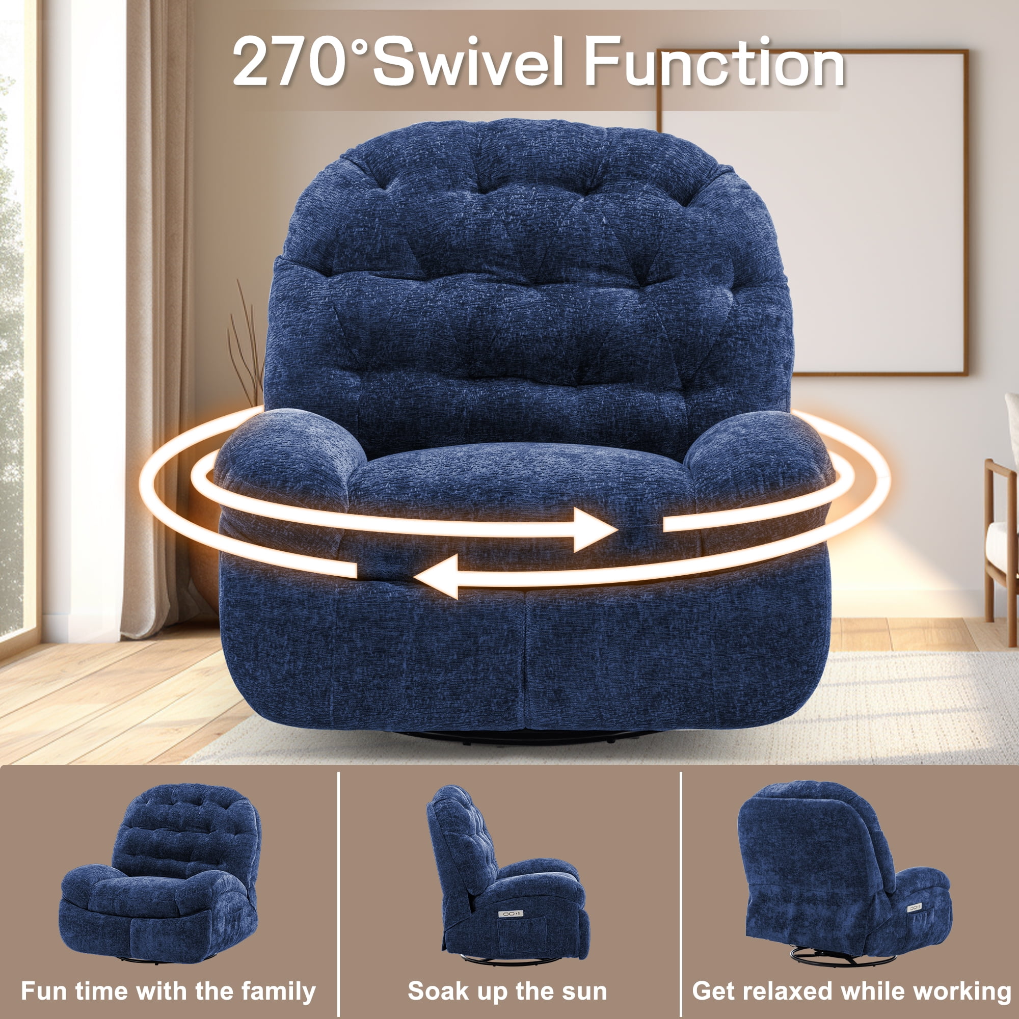 Korser Power Swivel Rocker Recliner Chair with USB Ports Chenille for Living Room,Blue