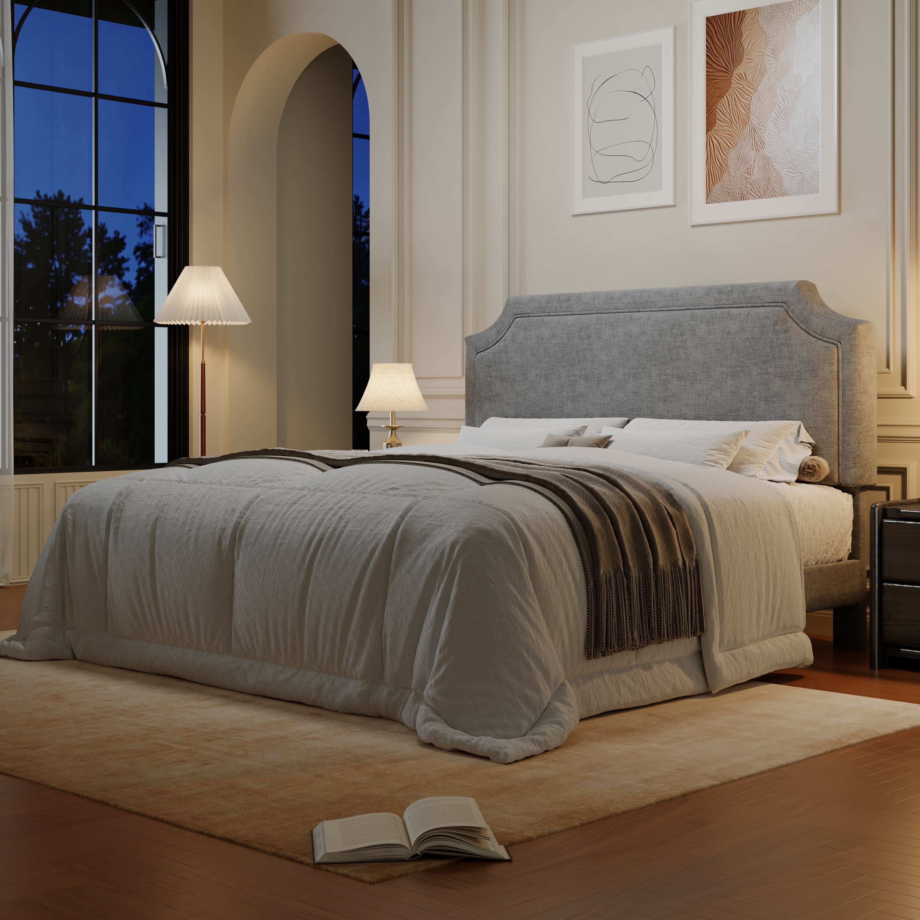 Amolife King Bed Frame, Upholstered Platform Bed with Streamlined Adjustable Headboard, No Box Spring Required, Grey, Chenille Fabric