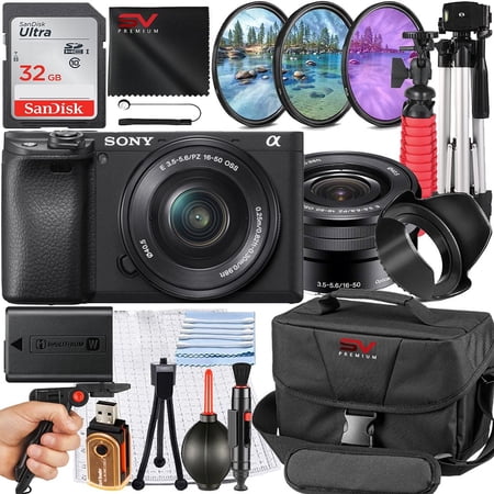 Sony A6400 Mirrorless Camera with 16-50mm Lens + SanDisk 32GB Memory Card + Pistol Grip Tripod + SV Premium Accessory Bundle (International Model)