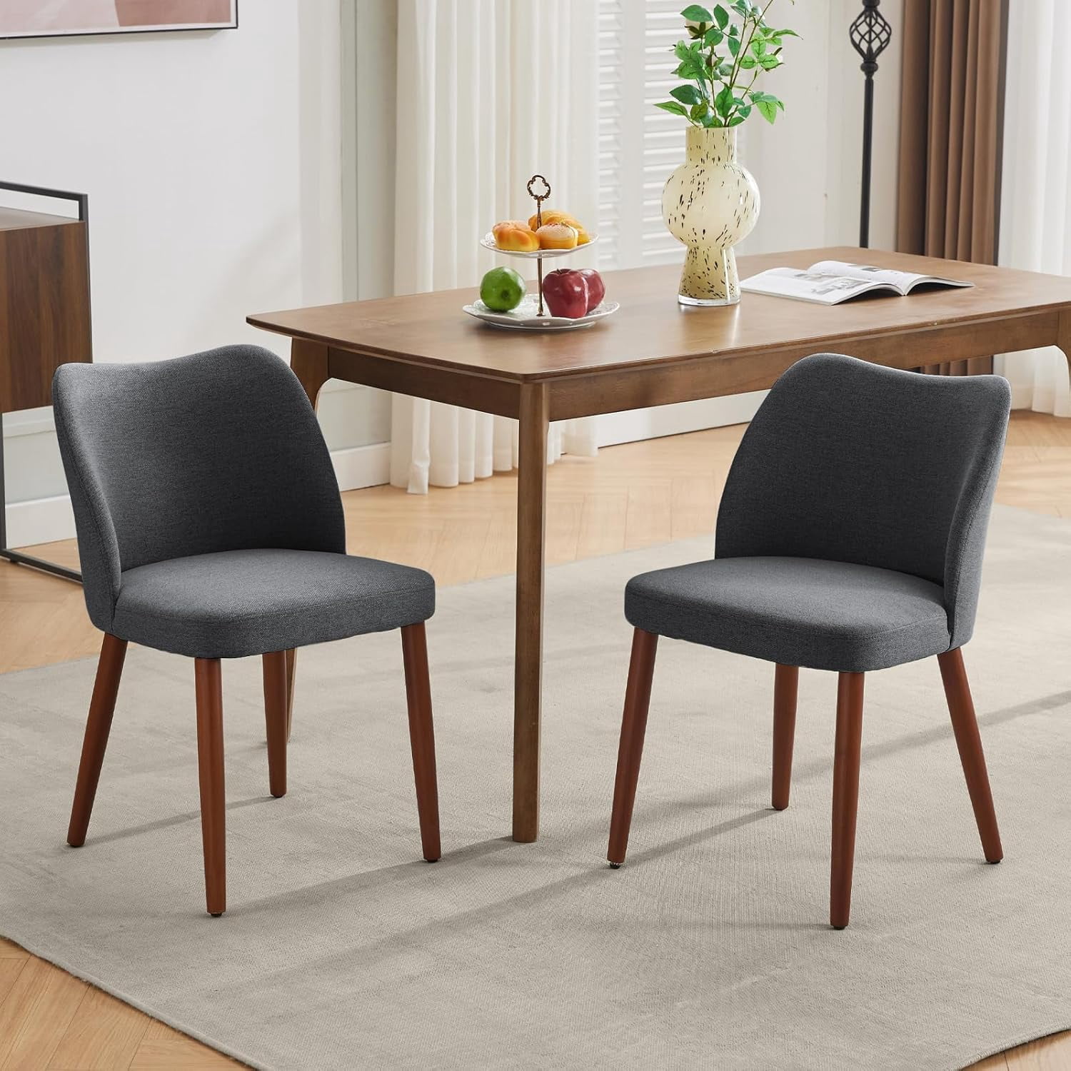 Linen Dining Chairs Set of 4 Upholstered Fabric Dining Chair with Wood Legs, Wing Backrest, Wooden Kitchen Chairs with Thick Cushions, Leveling Feet for Dining Room, Living Room, Dark Grey
