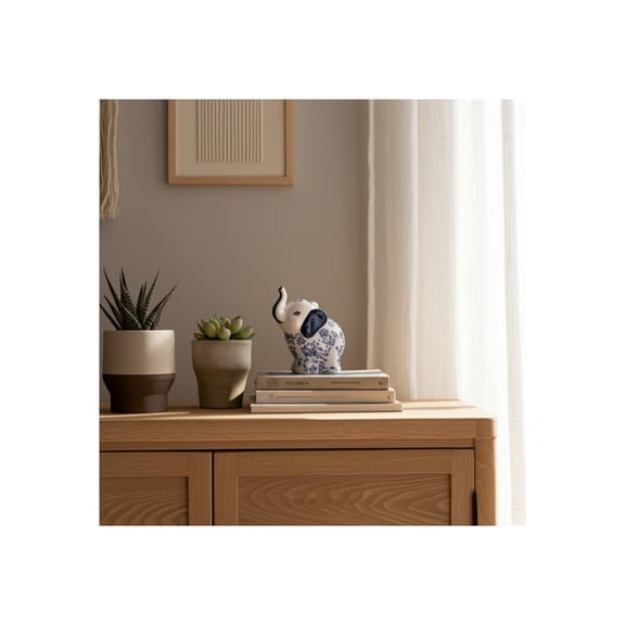 Boho Elephant Figurine - Hand-Painted Ceramic & Dolomite - Elegant Floral Design for Home & Office Decor - 8" Blue & White