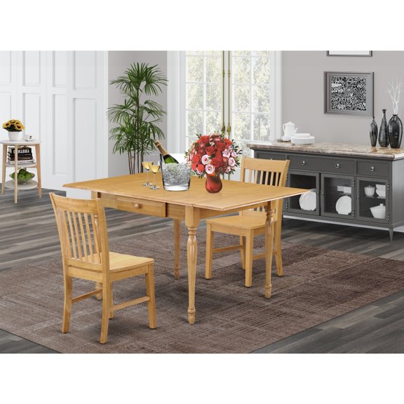 Sleek 3-Piece Dining Set - Drop Leaf Hardwood Table & 2 Kitchen Chairs - Oak Finish