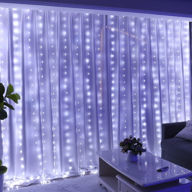 Luces de cortina de hadas blancas de 300LED para dormitorio, 3m x 3m, 8 modos, enchufe USB en ventana, cadena de luces Led navideñas colgantes con control remoto