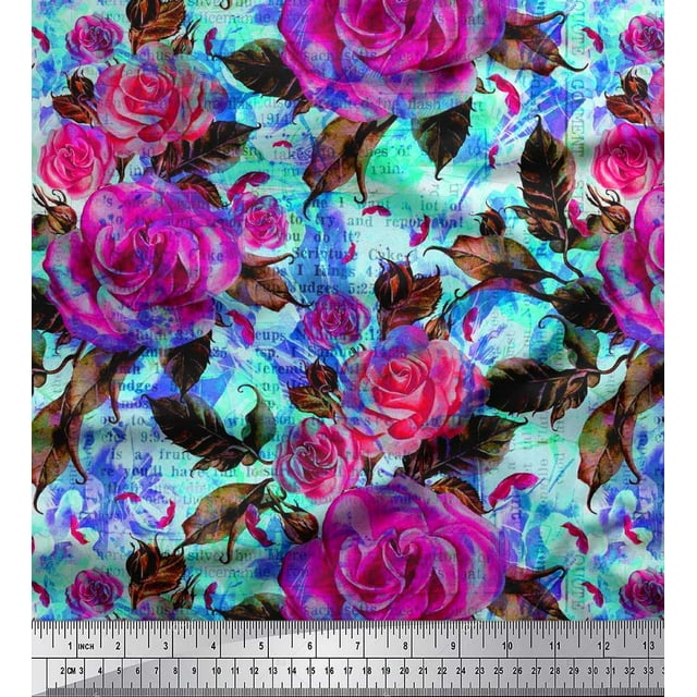 Soimoi Poly Georgette Fabric Leaves & Rose Flower Print Fabric by Yard 52 Inch Wide