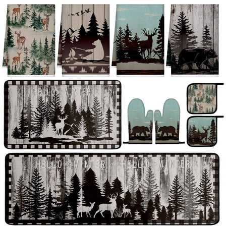 10 Farmhouse Kitchen Decor Set Dish Towels Rugs Oven Mitts And Pot Holders For Cooking Baking Grilling Women Mom Daughter Gift (brown Green Forest)