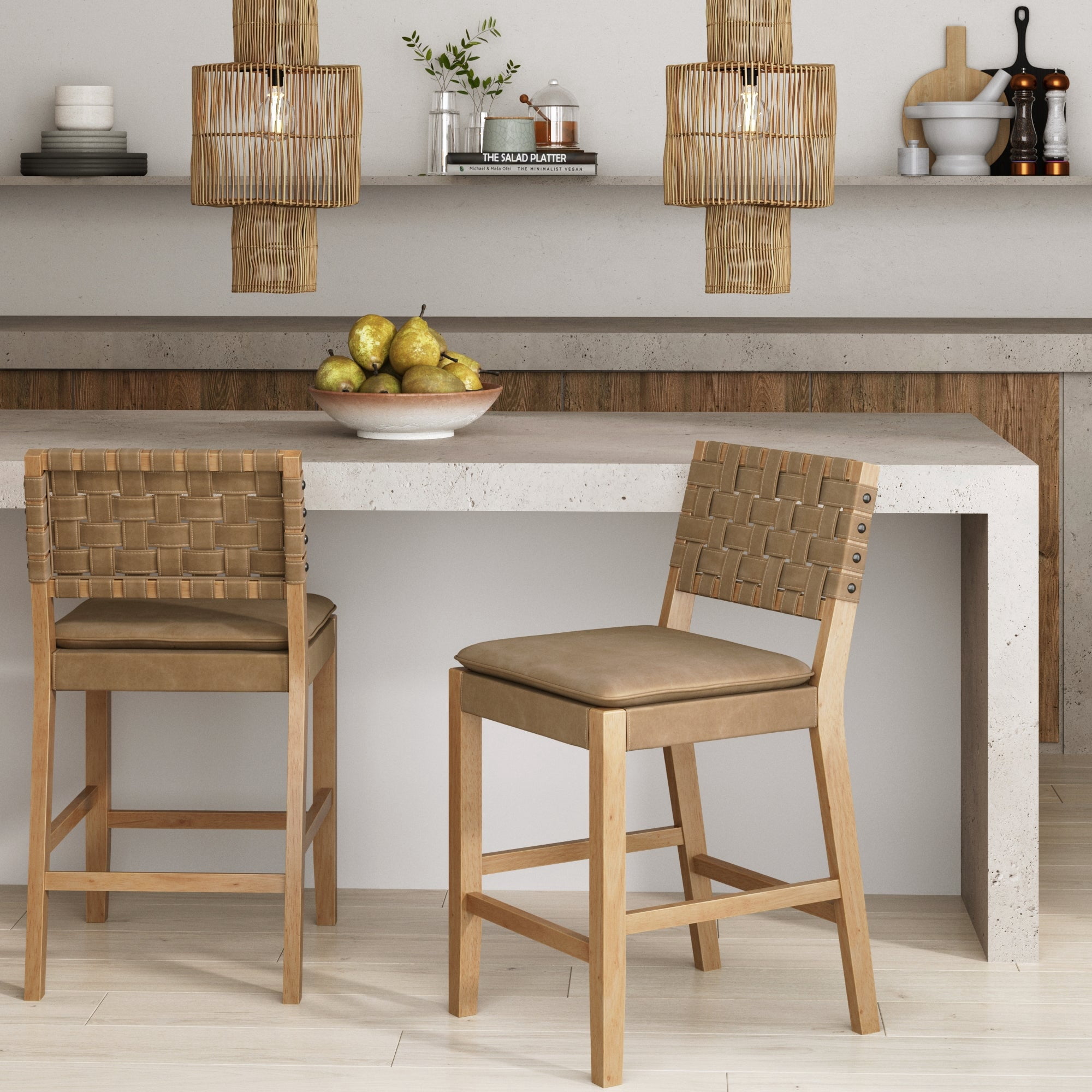 Nathan James Cohen Mid-Century Modern Leather Bar Stool, Counter Height Chair in Solid Wood Frame with Footrest and Woven Leather Back for Kitchen, Natural Brown, Set of 2