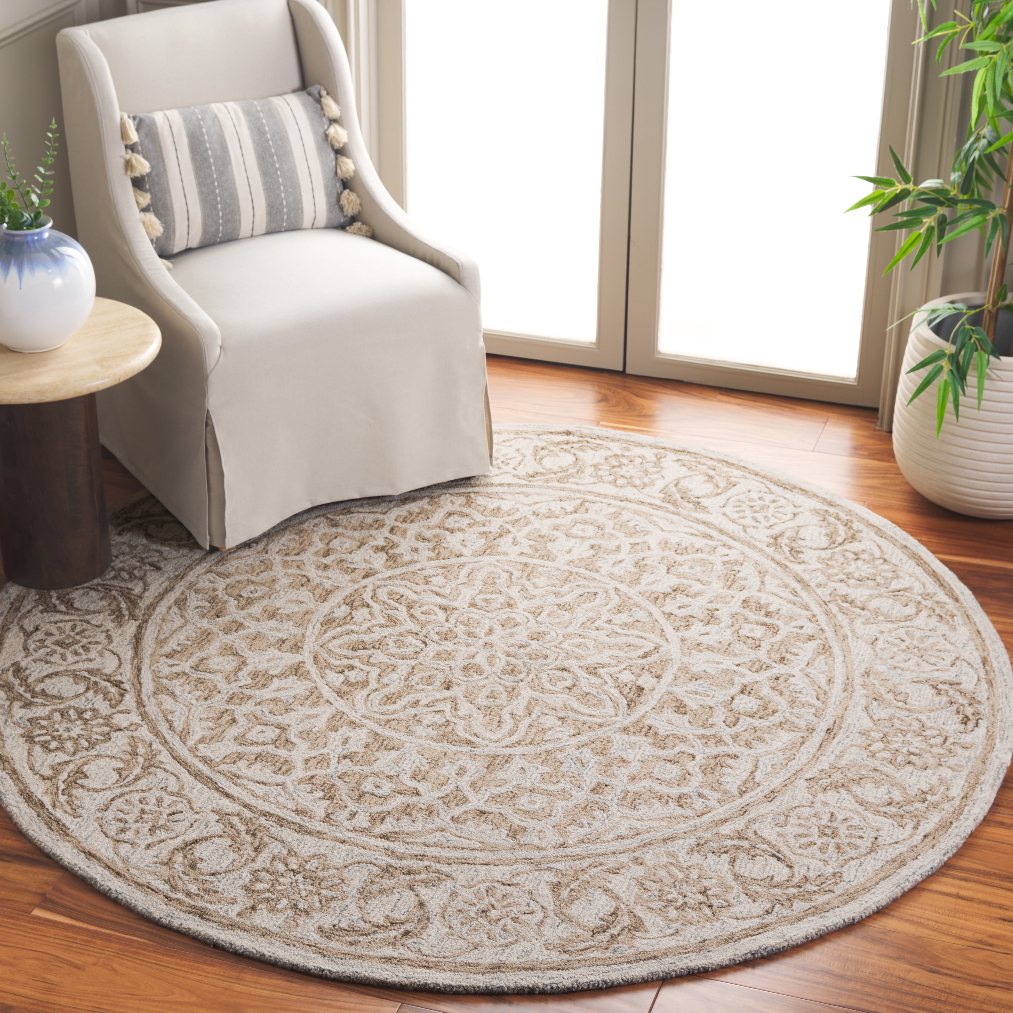 SAFAVIEH Micro-Loop Mana Medallion Area Rug, Brown/Light Blue, 6' x 6' Round