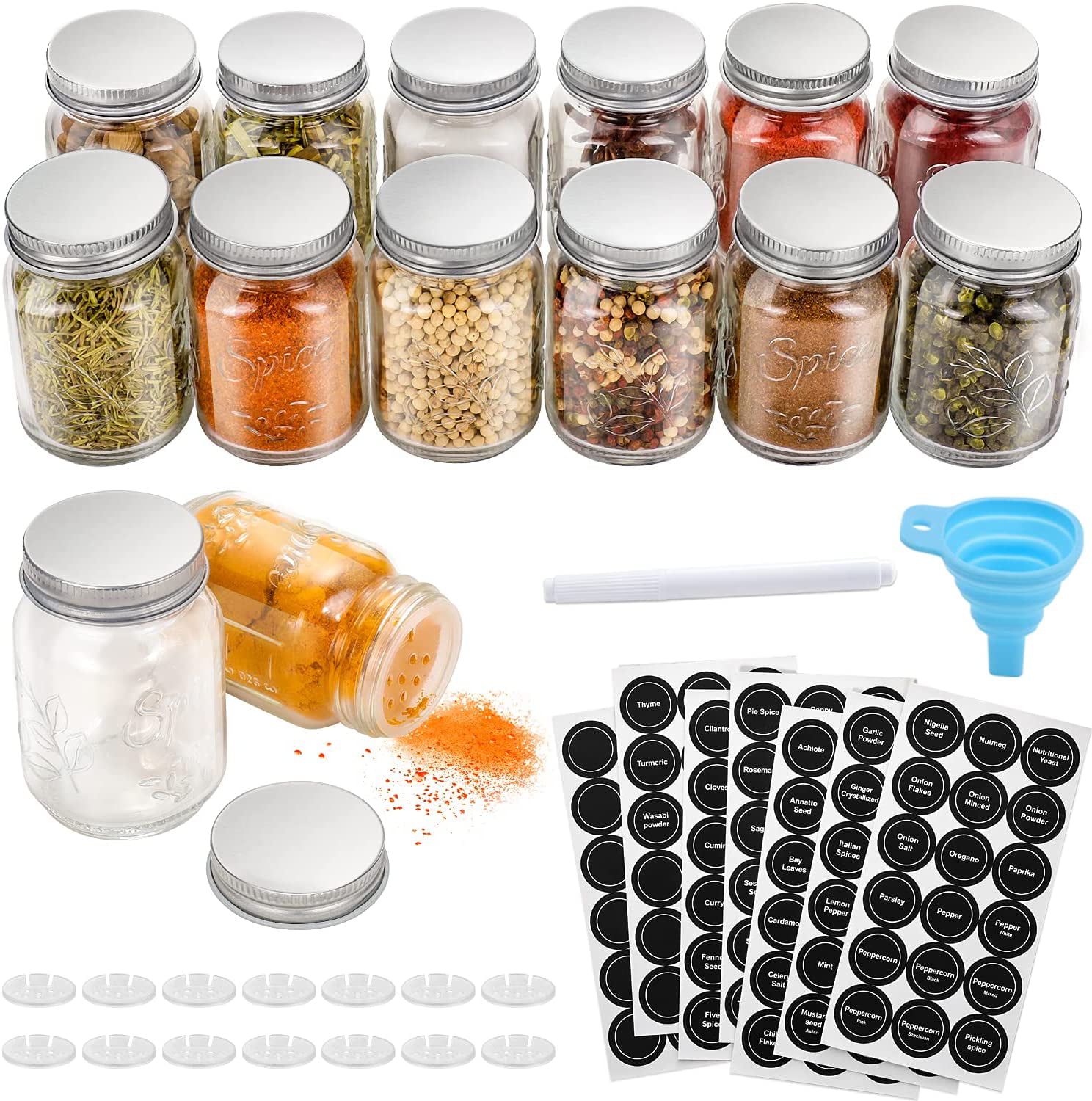  AOZITA 36 Pcs Glass Spice Jars with Spice Labels - 4oz Empty  Square Spice Bottles - Shaker Lids and Airtight Metal Caps - Chalk Marker  and Silicone Collapsible Funnel Included : Home & Kitchen