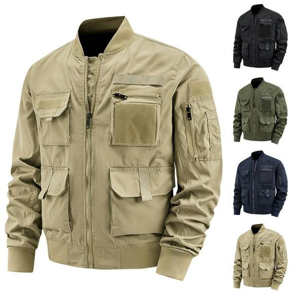 Timoontee Men's Military Jacket Outdoor Tactial Hiking Windproof Jacket Casual Long Sleeve Stand Collar Workwear Jacket Solid Full Zip Jacket with Multi Pockets Black XXXXXL