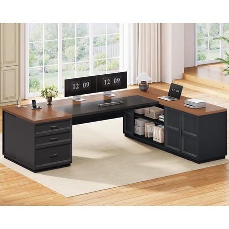 SEDETA 78.7 Inch Executive Desk with Drawers, Large L Shaped Desk with Charging Station, File Drawers & Storage Cabinet, CPU Stand & Privacy Baffle, Wood Home Office Desk for Business, Black & Brown