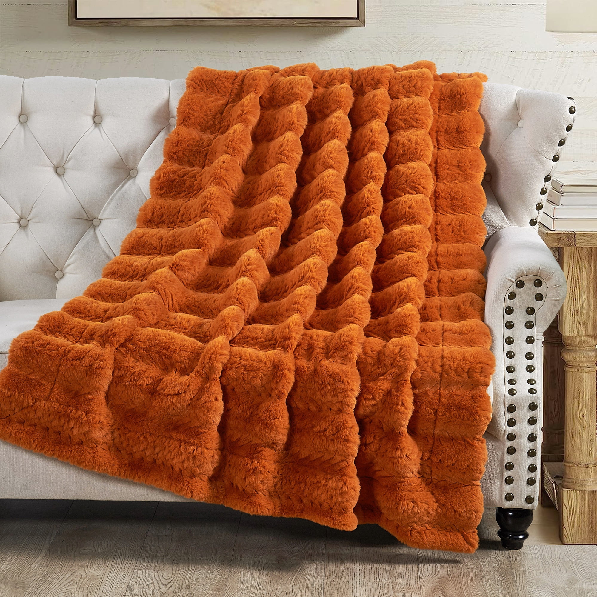 Home Soft Things Tread Pattern Faux Fur Throw Blanket with Micromink Back, Luxury Soft Cozy Plush Fluffy Fuzzy Reversible Thick Warm Throw Blanket, 50x60 inches, Burnt Orange