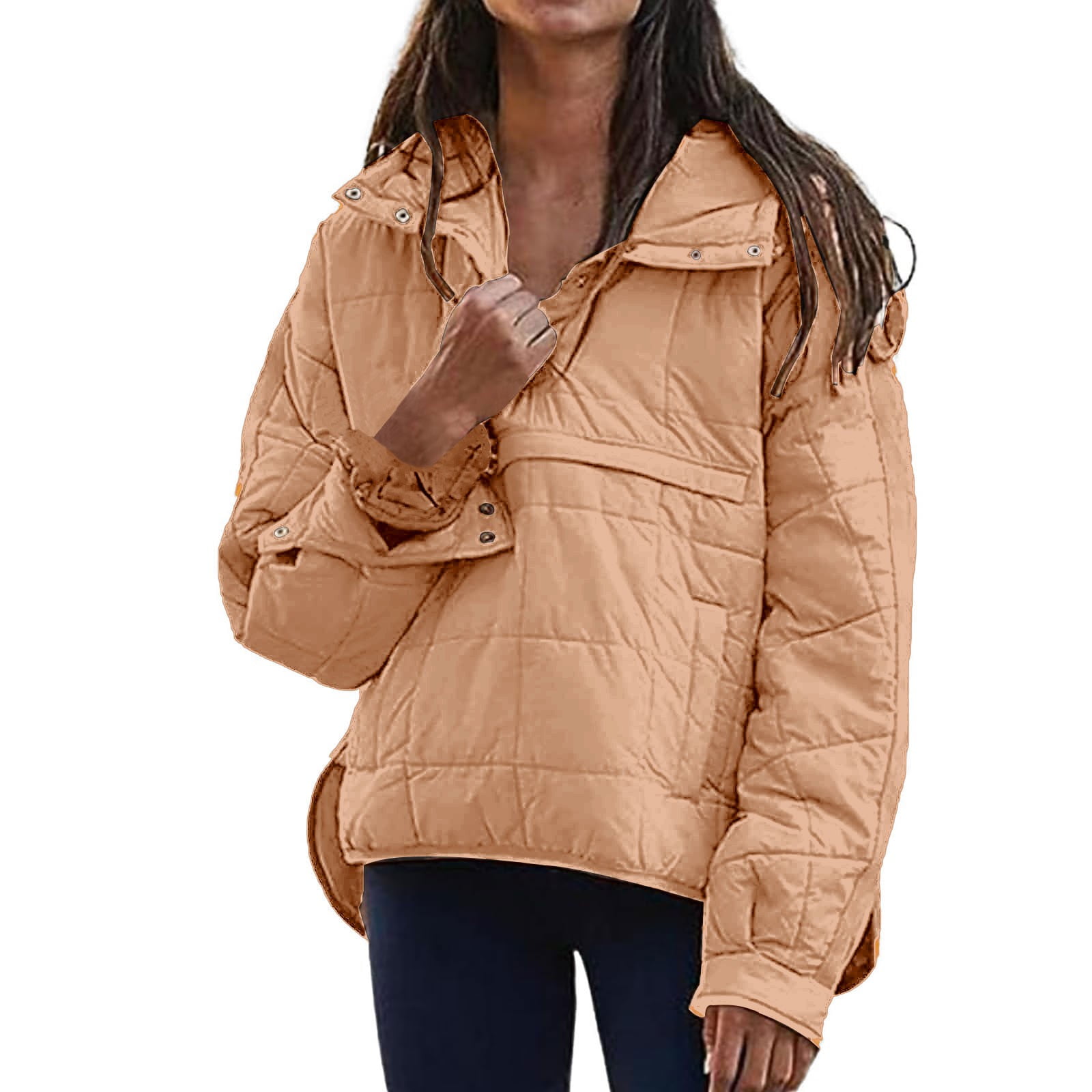 Rigardu Hoodies for Women Pullover Women's Quilted Pullover Puffer Jacket Oversized Long Sleeve Hooded Coats Winter Warm Lightweight Outwear with Pocket Womens Hoodies Coffee S