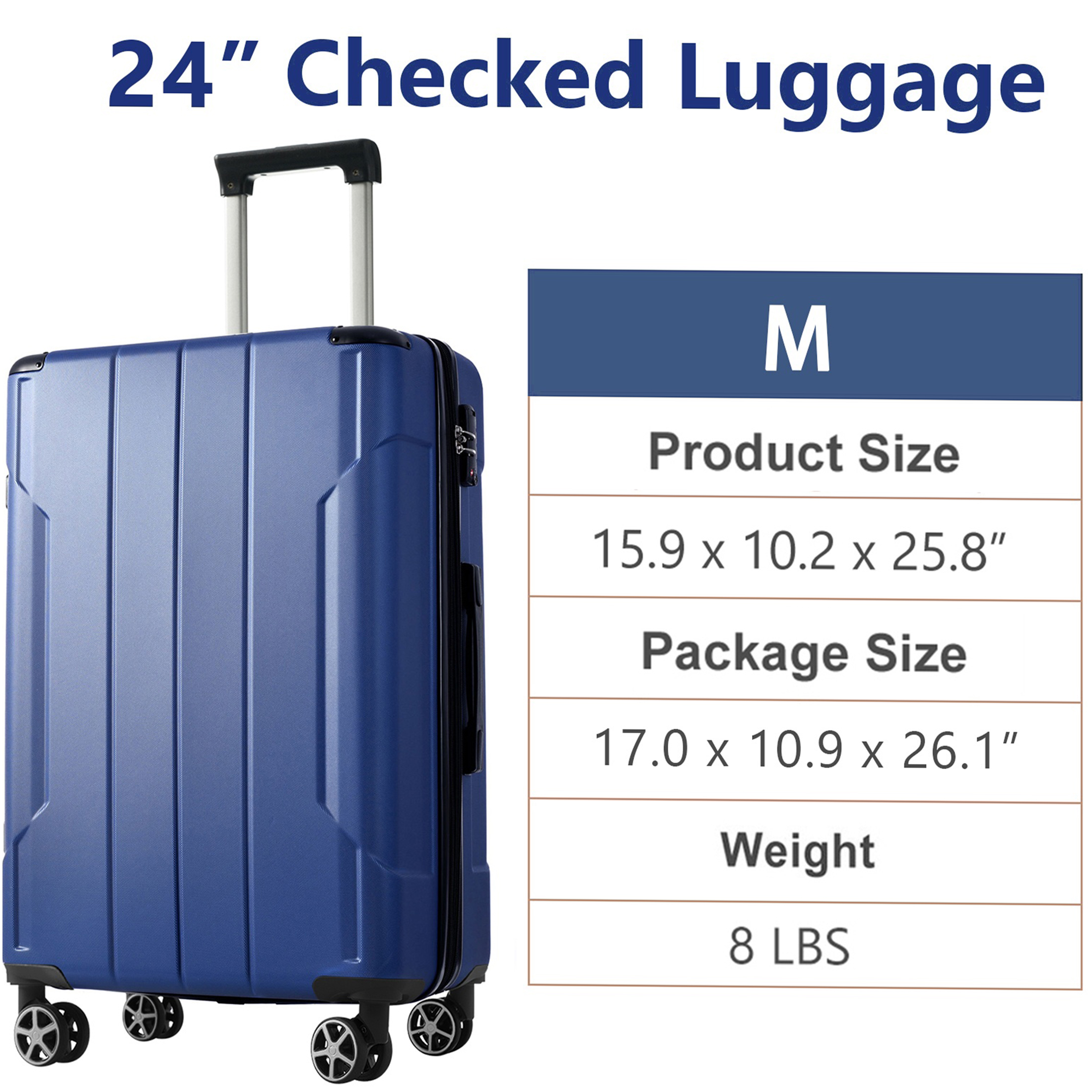 JERFIT 24" Expandable Hardshell Suitcase, Lightweight ABS Checked Luggage w/ 8 Spinner Wheels & TSA Lock, Blue