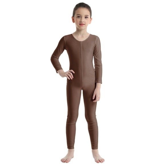 YONGHS Kids Girls Long Sleeves Ballet Leotard Gymnastic Jumpsuit Sports Full Length Bodysuit 3-14 Brown 3-4