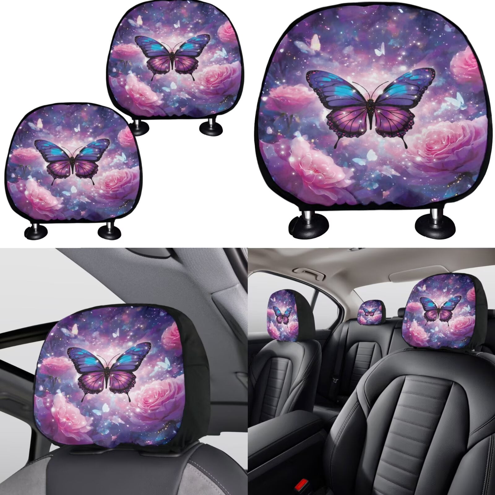 Jeiento Galaxy Sky Butterfly 11 Pack Car Seat Covers Set for Women Men, with Headrest Covers Keychain Coasters Gear Shift Knob Cover Handbrake Cover Universal Fit for SUV Truck Van