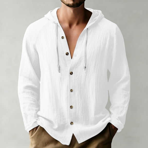 Men's Solid Color Hooded Cardigan, Raglan Sleeve Long Top in Cotton Linen for Loungewear and Casual Layering White S