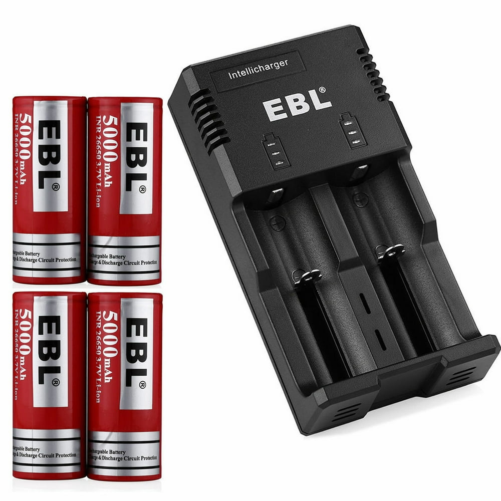 EBL 4Pack 3.7V 5000mAh 26650 Battery + Battery Charger for AA AAA Ni