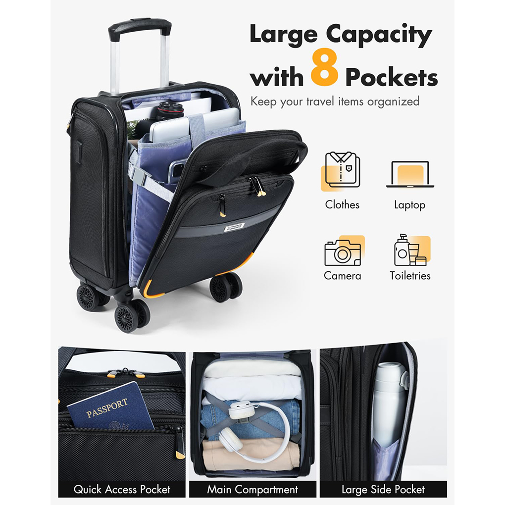 Underseat Carry On Luggage with Spinner Wheels,16 Inch Softside Suitcase with Detachable Sleeve, Lightweight Travel Luggage Airline Approved for Men Women, Black