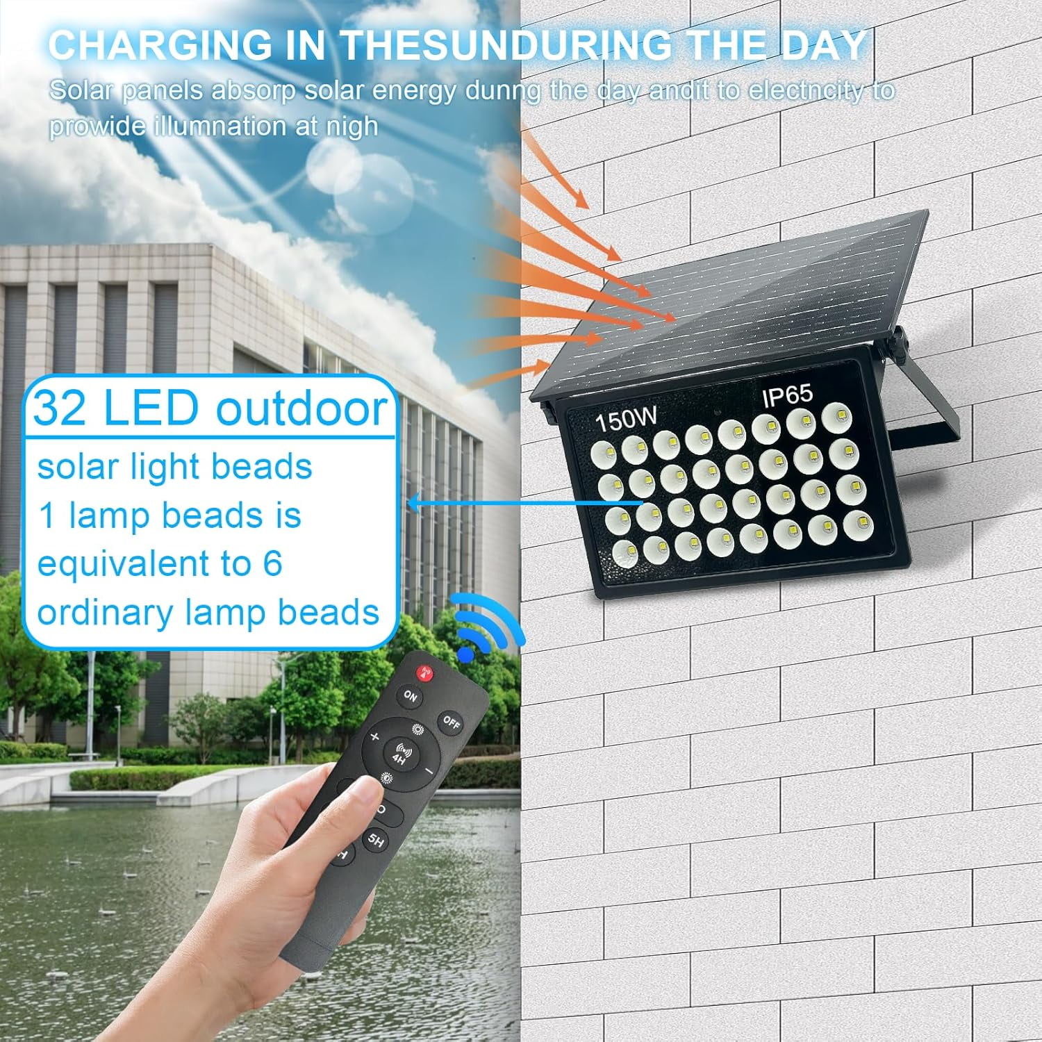 Indmird 150W Solar Powered Security Lights, Solar Lights Outdoor Waterproof, Dusk to Dawn  6500K Cool White, for Porch, Patio, Yard, Garage, Garden